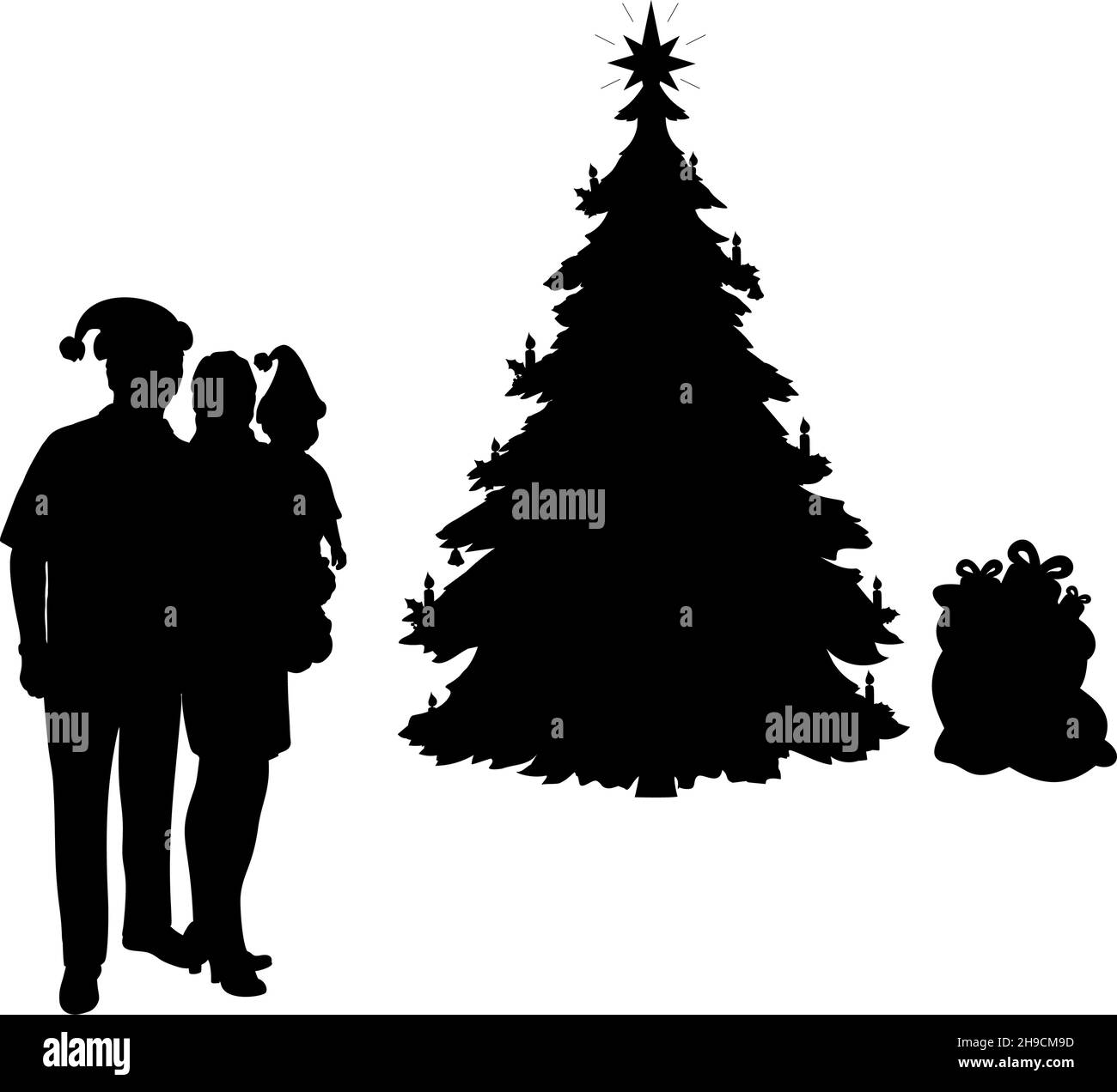 Silhouetten Familie am Weihnachtsbaum. Frohes neues Jahr. Stock Vektor