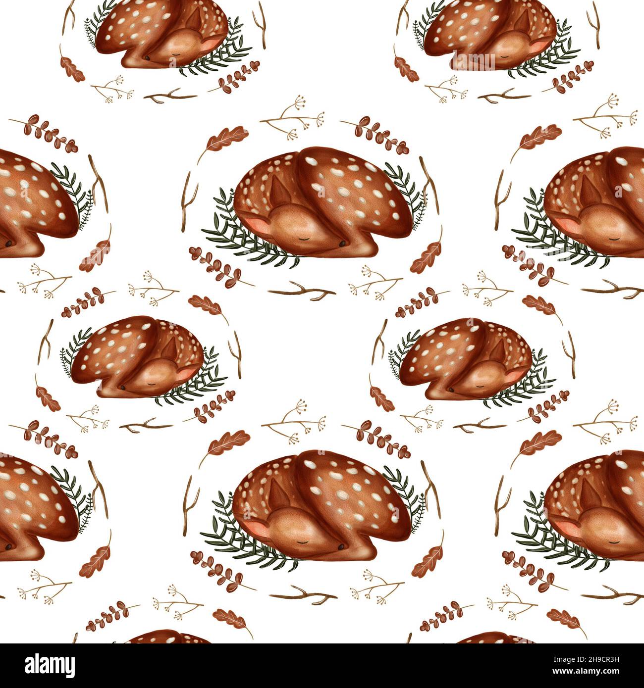 Aquarell Waldtiere. Niedlicher schlafender Hirsch mit Brunch-Kranz auf weißem Hintergrund. Für Textilien, Kinderzimmer, Tapeten, Verpackungen. Stockfoto