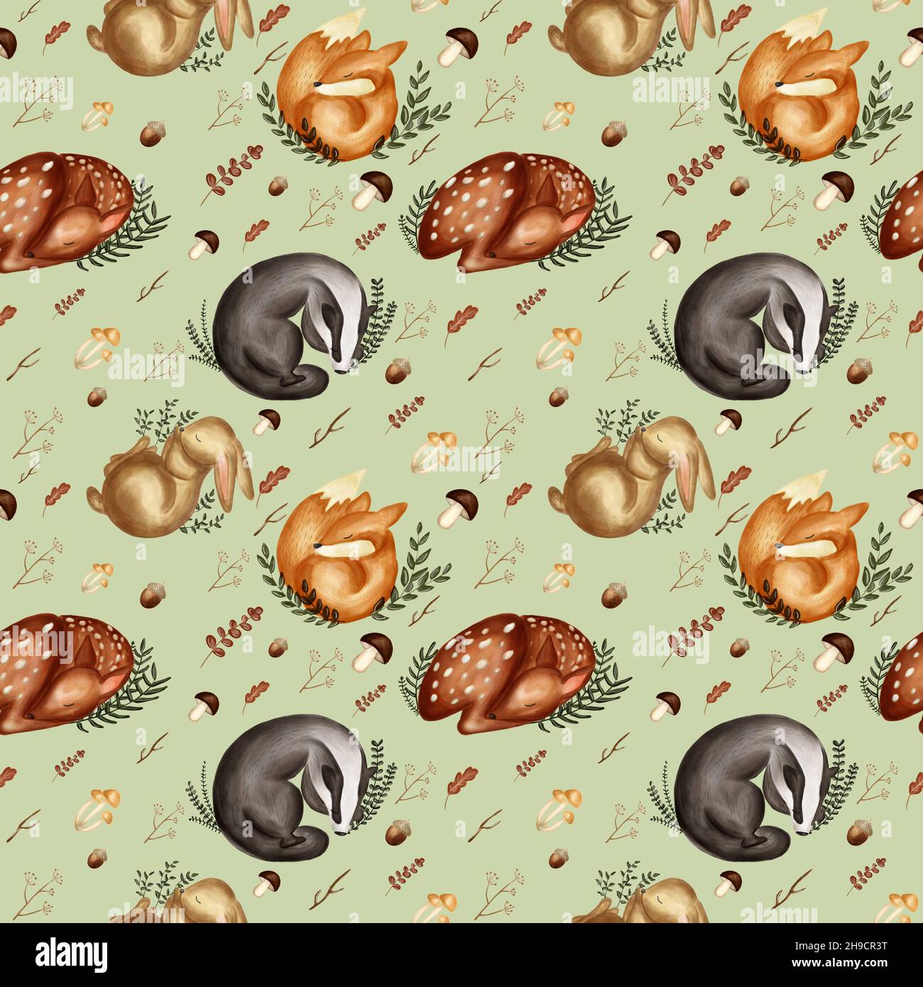 Aquarell Waldtiere auf pastellgrünem Backgroond. Niedlicher schlafender Hirsch, Fuchs, Hase, Dachs. Für Textilien, Kinderzimmer, Tapeten, Verpackungen. Stockfoto