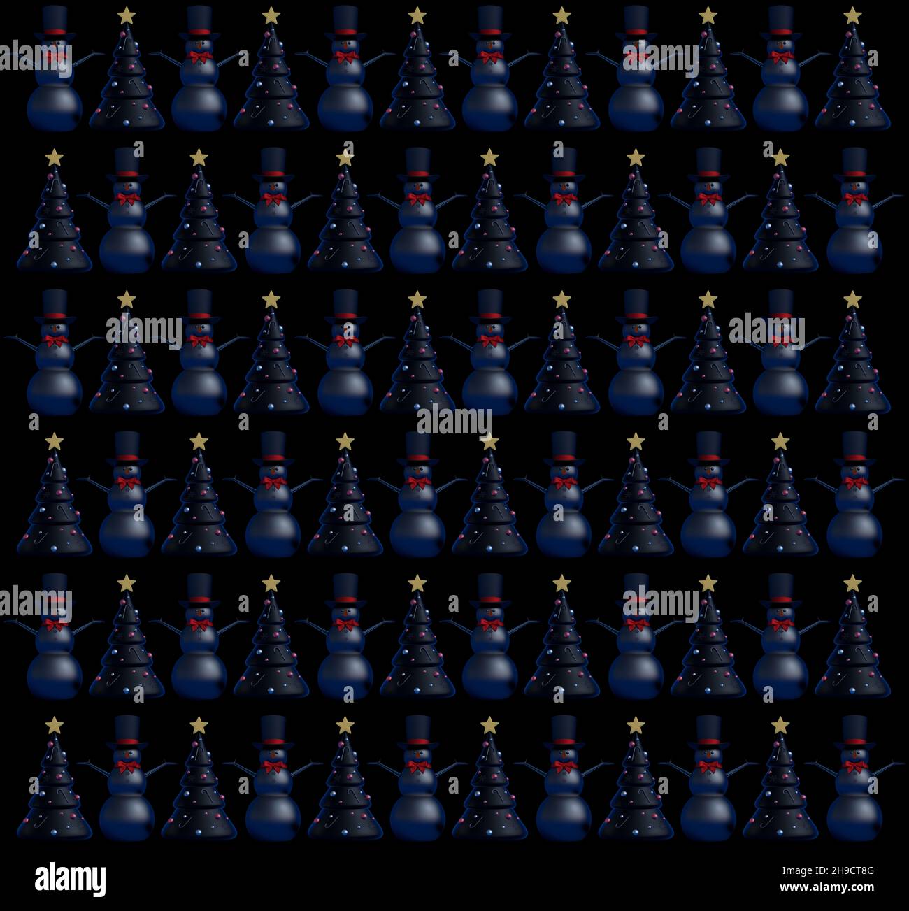 Schneemann und Weihnachtsbaum Muster auf schwarzem Hintergrund. Winter Urlaub Tapete 3D Rendern 3D Illustration Stockfoto