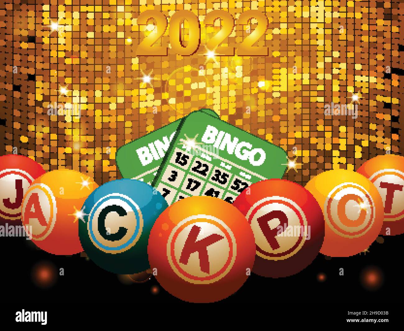 Bingo-Kugeln, die den Wort-Jackpot und Bingo-Karten über Einer Disco-Kacheln Sparkly Gold Wall mit 2022 Neujahr Stock Vektor