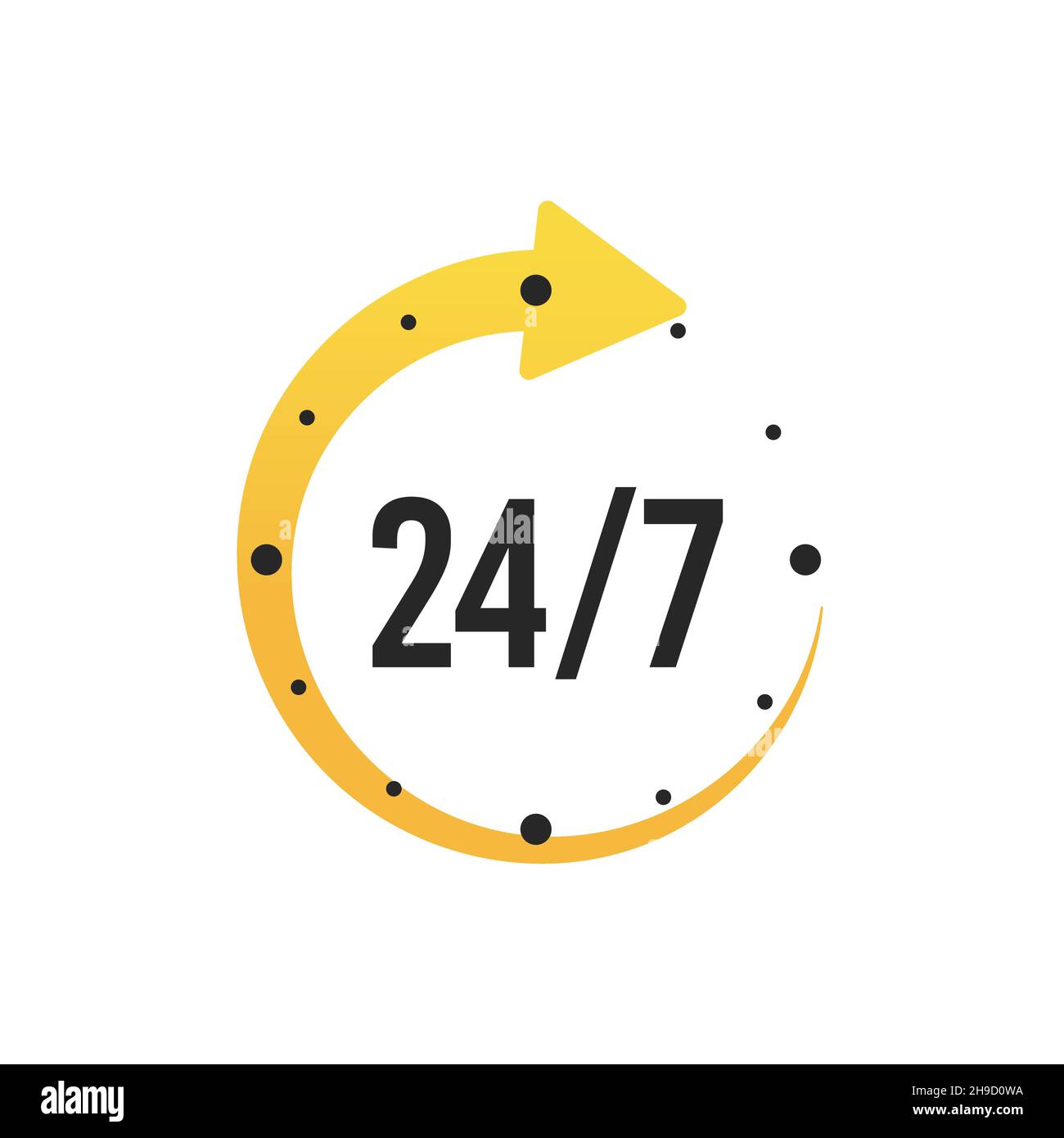 24 7-Uhr-Kreispfeil für Nonstop-Service-Symbol. 24-Stunden-Support ohne Unterbrechung. 24 7 Service geöffnet. Vektor Stock Vektor