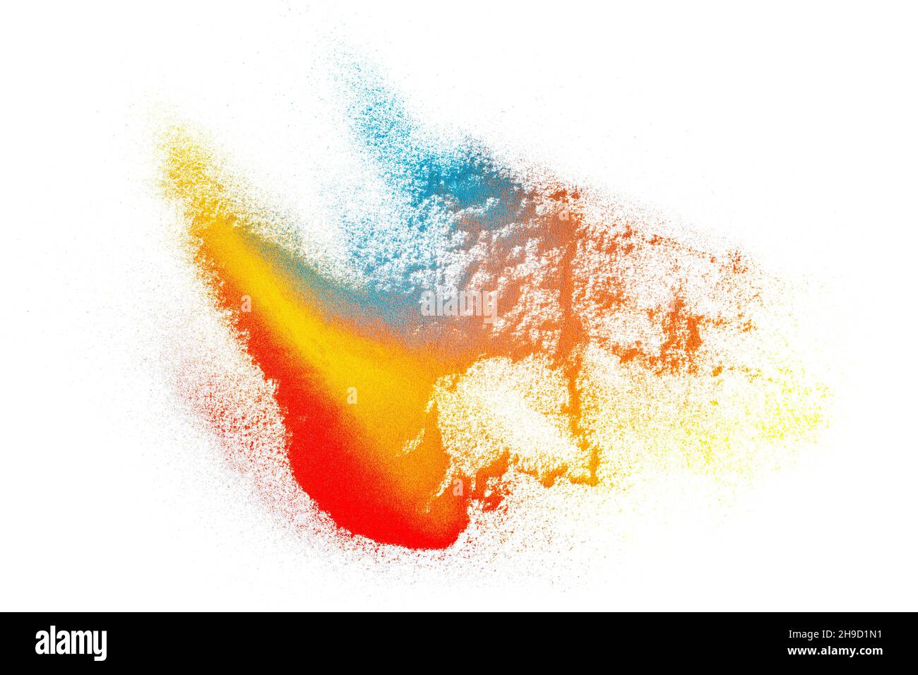 Bunte abstrakte chemische Pulverfarbe Mischung und Splatter auf weißem Hintergrund. Isolierte mehrfarbige Lackexplosion und strukturierte Staubpartikel. Cr Stockfoto