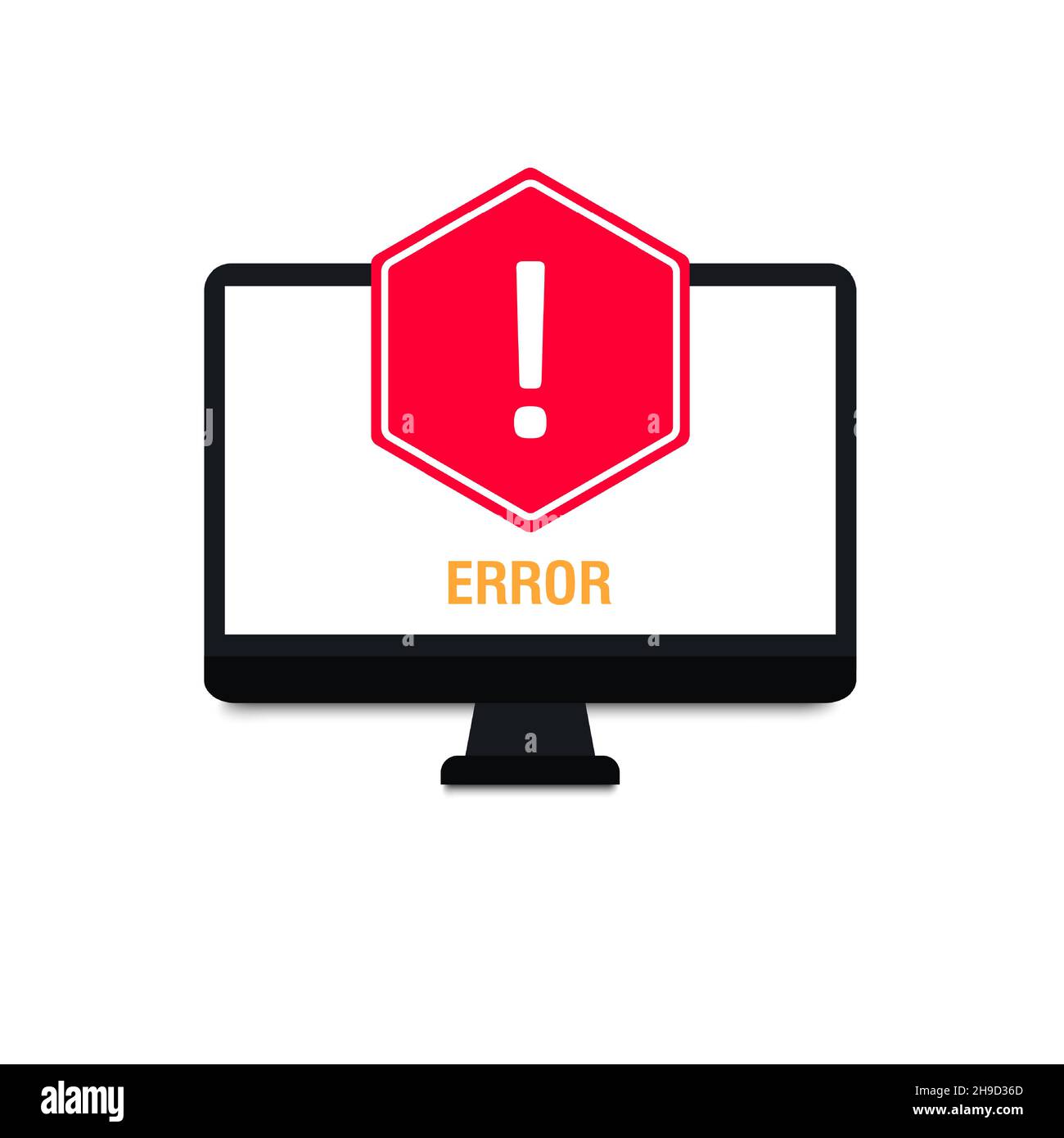 Benachrichtigung. Computer mit Ausrufezeichen auf dem Bildschirm. Fehlerzeichen. Computermeldung, Warnungskonzepte. Moderne, flache Grafikelemente Stock Vektor