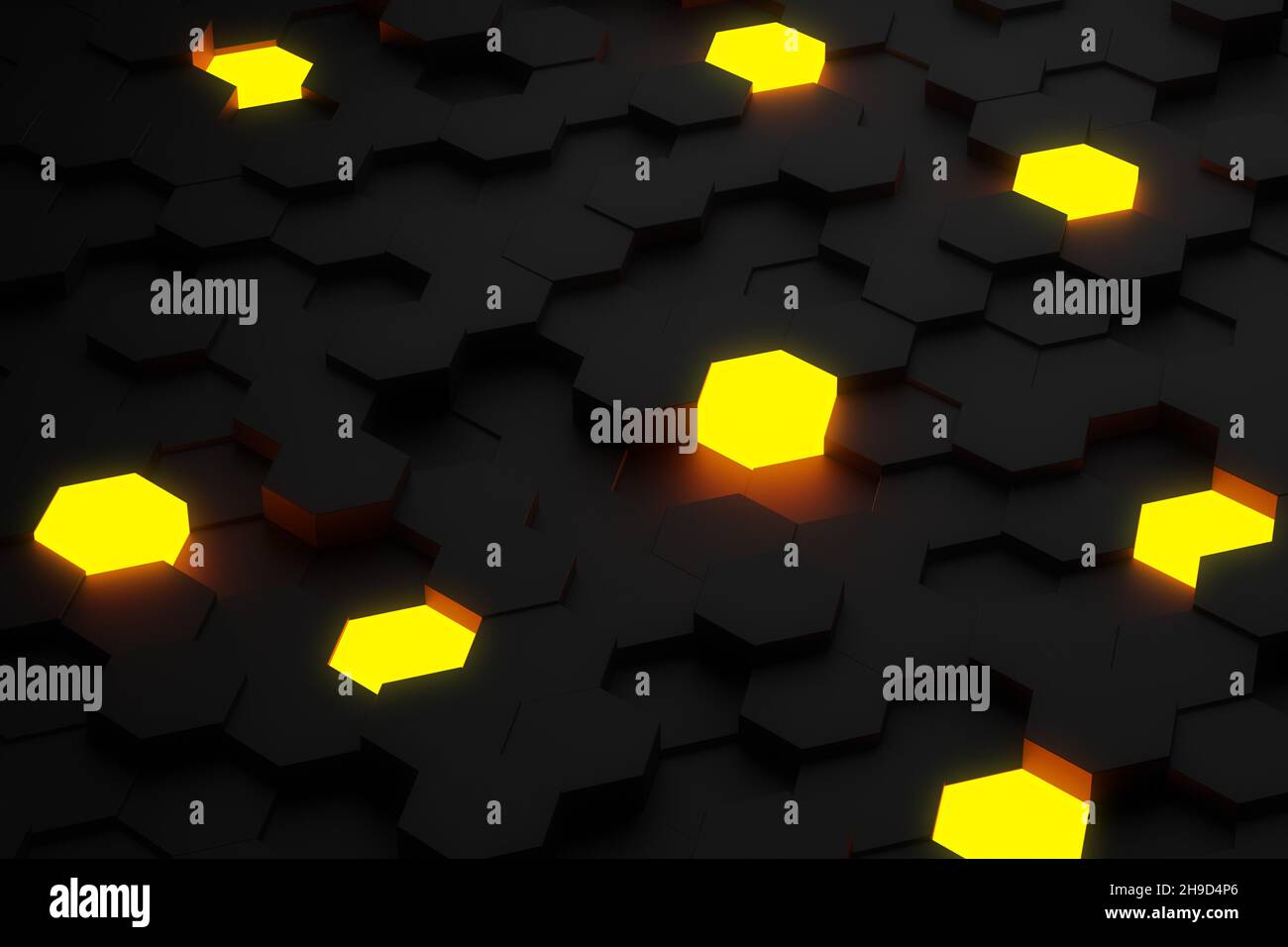 Zufällig verschobene schwarze Wabenhexagon geometrische Muster Hintergrund mit gelbem Glühen, minimal futuristische Technologie Hintergrund Vorlage, 3D illustrat Stockfoto