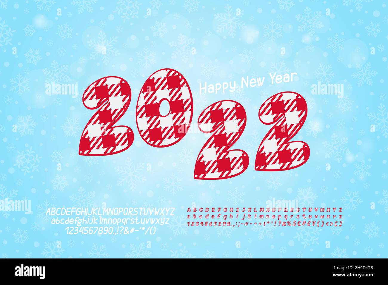 Stylischer Flyer Frohes neues Jahr. Cartoon-Zahlen mit karierten Muster auf hellblauem Hintergrund mit weißen Schneeflocken. Zwei kursive Vektorschriftensätze sind enthalten Stock Vektor