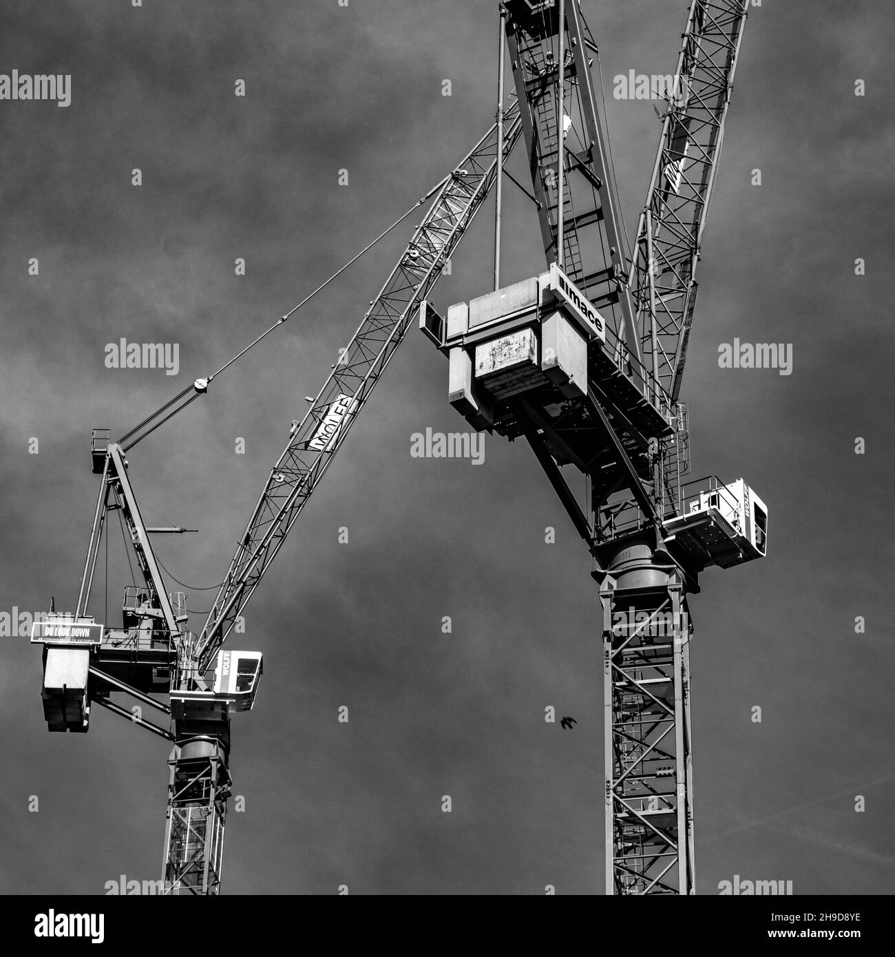 Victoria London Großbritannien, November 7 2021, zwei Turmdrehkrane über der Skyline in Victoria London arbeiten an Einer Neubauentwicklung Stockfoto