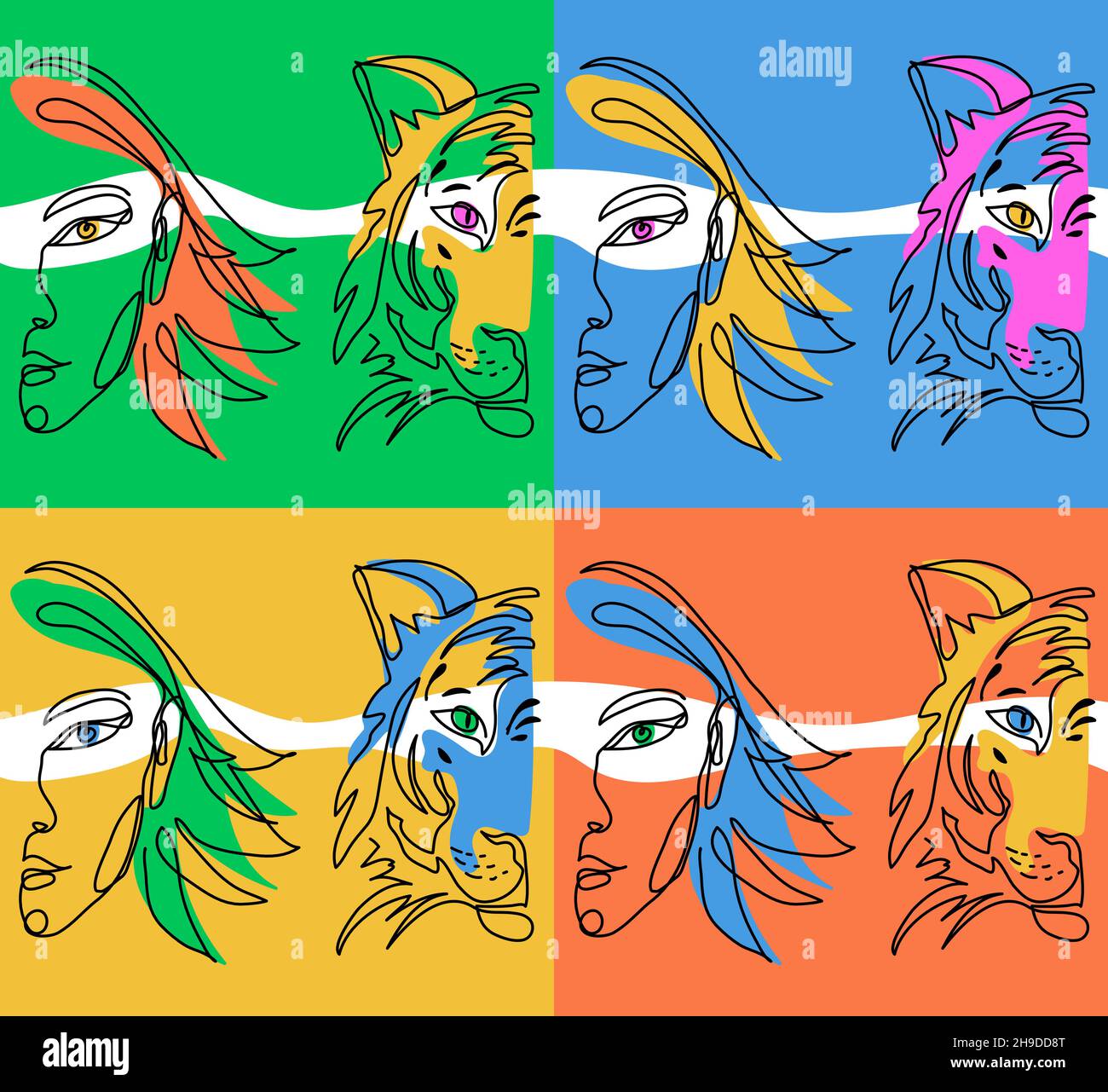 Pop art tiger and girl half face design. One continuous line art drawing of the tiger. Vector colorful bright illustration, poster, print. Chinese new Stock Vektor