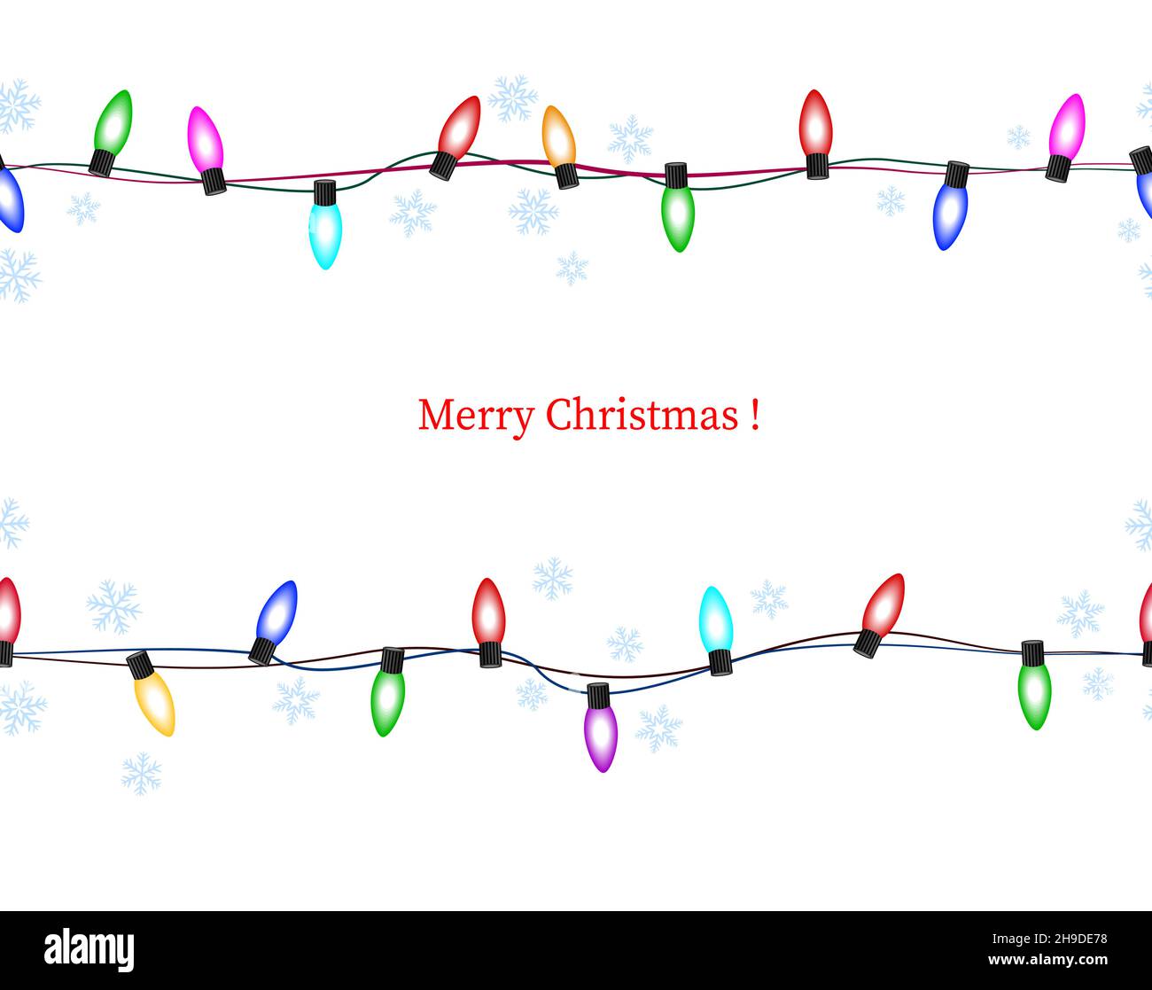 Girlande von bunten leuchtenden Weihnachtslichtern. Nahtlose Linie von Glühbirnen und Schneeflocken. Rahmen aus bunten Glühbirnen. Stock Vektor