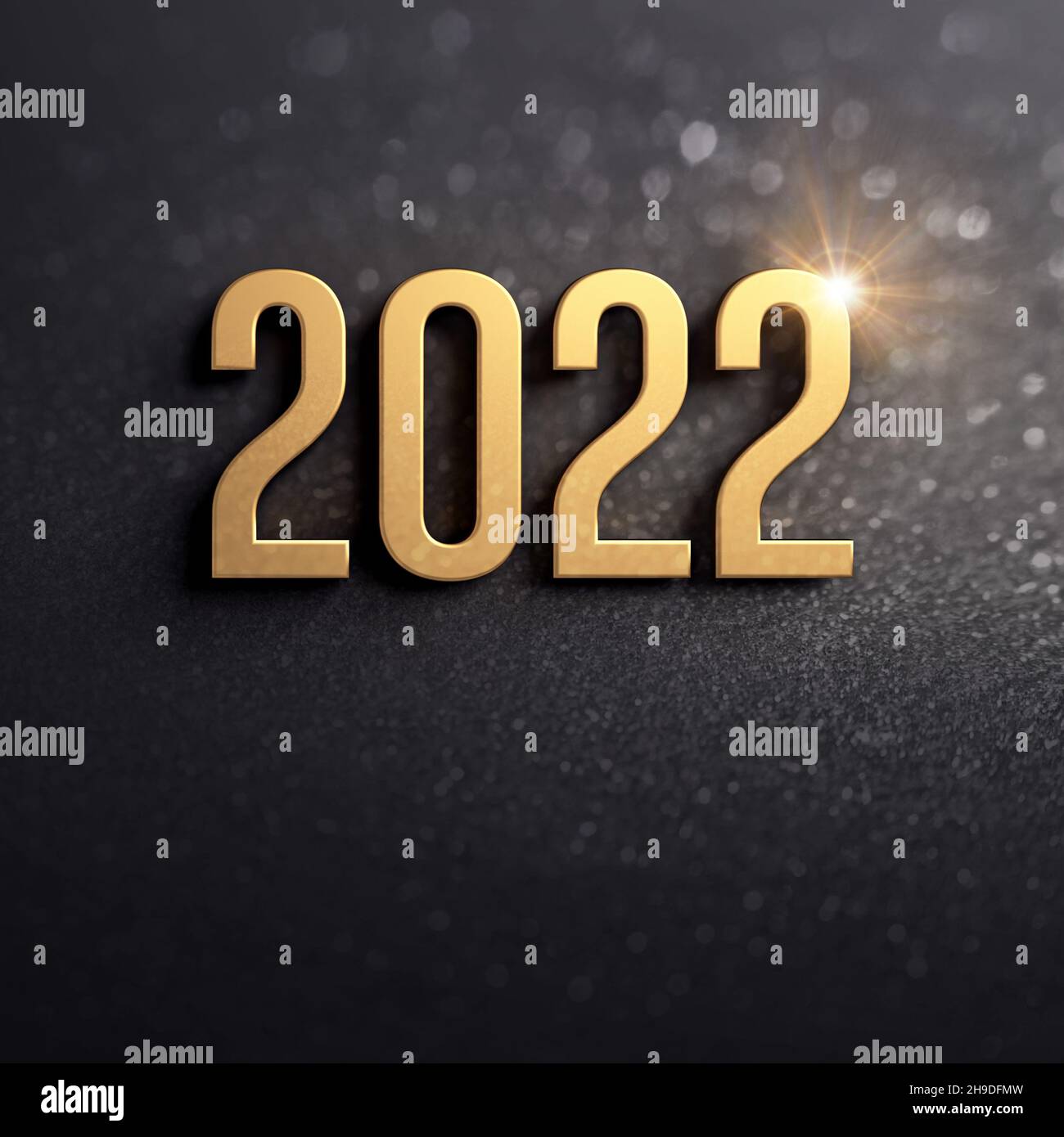 Neujahr Grußkarte 2022. Datumsnummer in Gold auf glitzerndem schwarzem Hintergrund Stockfoto