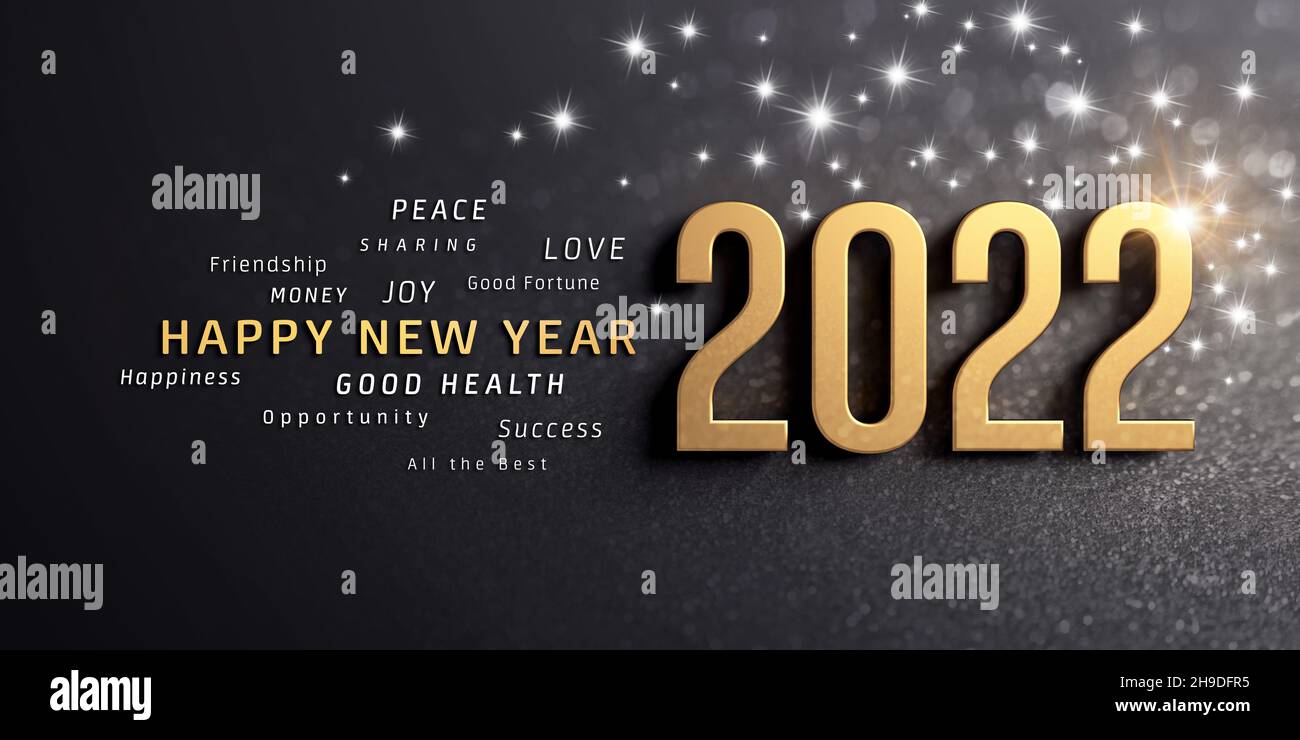 Frohe Neujahrsgrüße und die 2022-Datumsnummer in Gold, auf einer glitzernden schwarzen Karte Stockfoto
