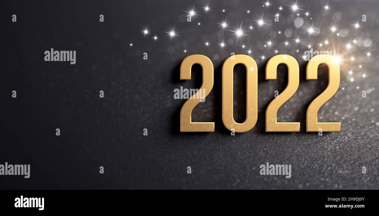 Neujahr Grußkarte 2022. Datumsnummer in Gold auf glitzerndem schwarzem Hintergrund Stockfoto