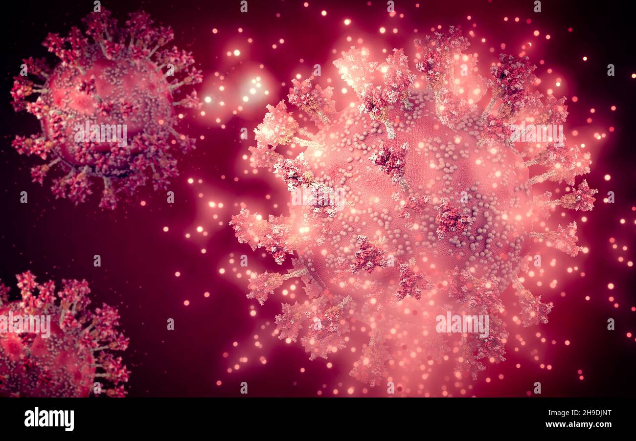 Virusvariante, Coronavirus, Spike-Protein. Omicron. Covid-19 unter dem Mikroskop gesehen. SARS-CoV-2, 3D-Rendering Stockfoto Virusvariante, Coronavirus, Spike-Protein. Omicron. Covid-19 unter dem Mikroskop gesehen. SARS-CoV-2, 3D-Rendering Stockfoto