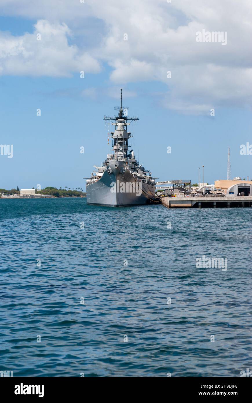 Bogenansicht des USS Missouri Schlachtschiffs in Pearl Harbor Hawaii Stockfoto