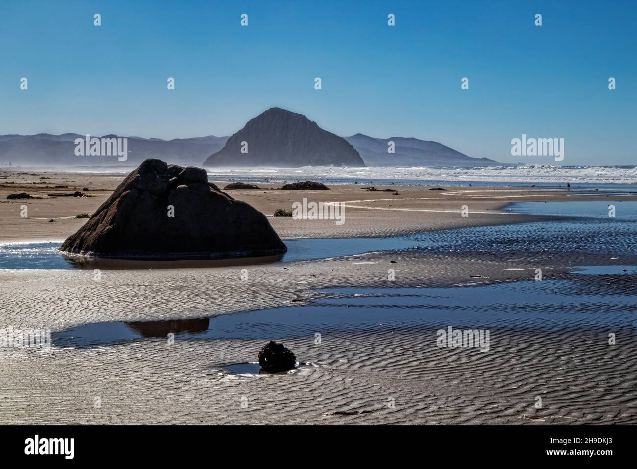 Morro Rock und kleiner Felsen am Strand, Cayucos Beach, Kalifornien, USA Stockfoto