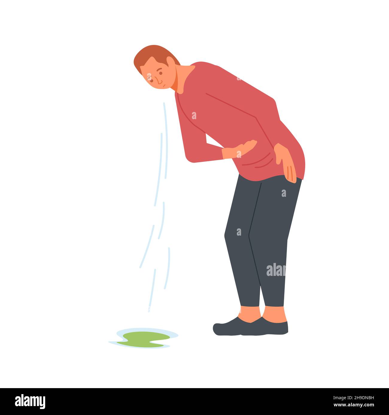 Kranker erbrechender Mann steht. Charakter, der unter Übelkeit, Erbrechen, Krankheitssymptomen leidet. Flache Grafik Stockfoto