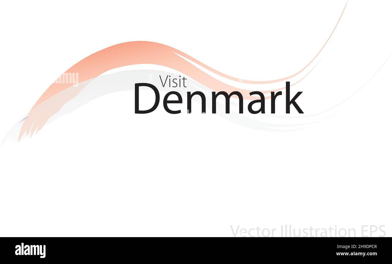 Der Slogan besucht Dänemark mit geschwungenen Wellen im Aquarellstil, die in den Farben der Nationalflagge stehen. Vektorgrafik Stock Vektor