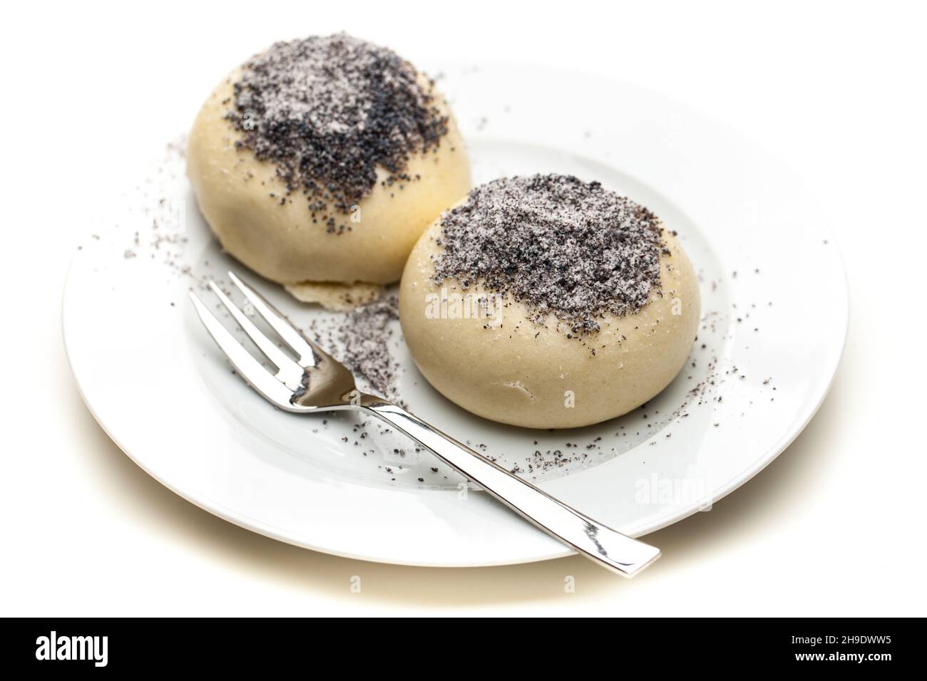 Knödel, Hefeknödel, Gebäck, schön, top, Hintergrund, weiß, mohn, Teller, vorne, 2, nahe, Österreich, zusammen, zwei, Schwarz, Dessert, Aroma, Stockfoto