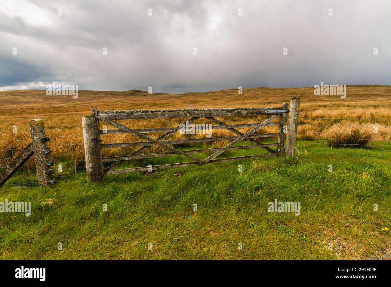 Ländliches Tor mit Hochland UK Moorland hinter, Landschaft Stockfoto