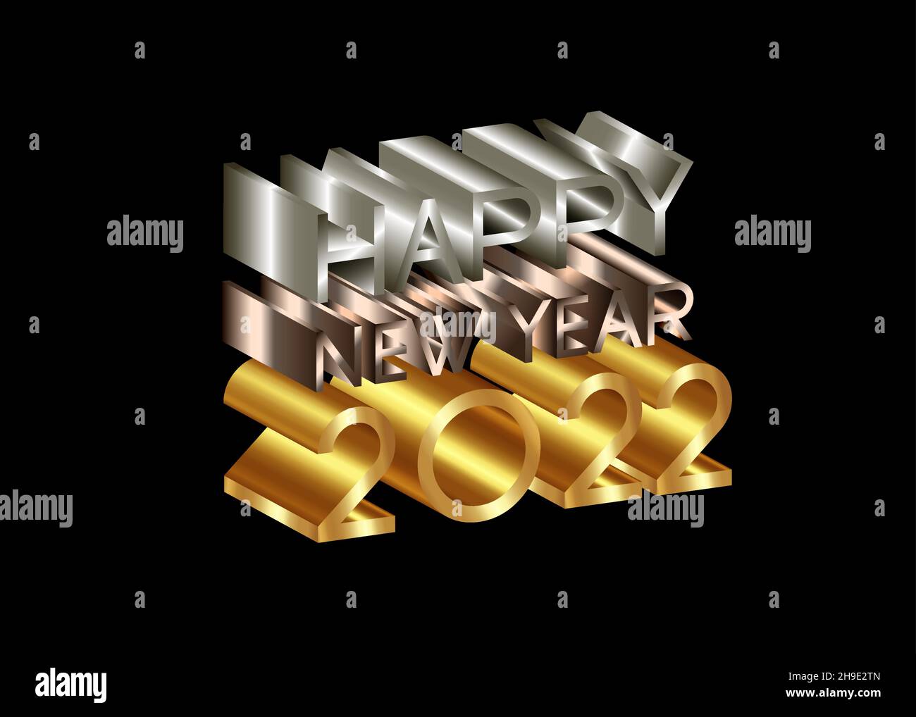 2022 Frohes neues Jahr, Nummer und Text 3D Logo, Gold, Bronze, silberne Textur. Weihnachtskarte. Vektordarstellung auf schwarzem Hintergrund isoliert Stock Vektor