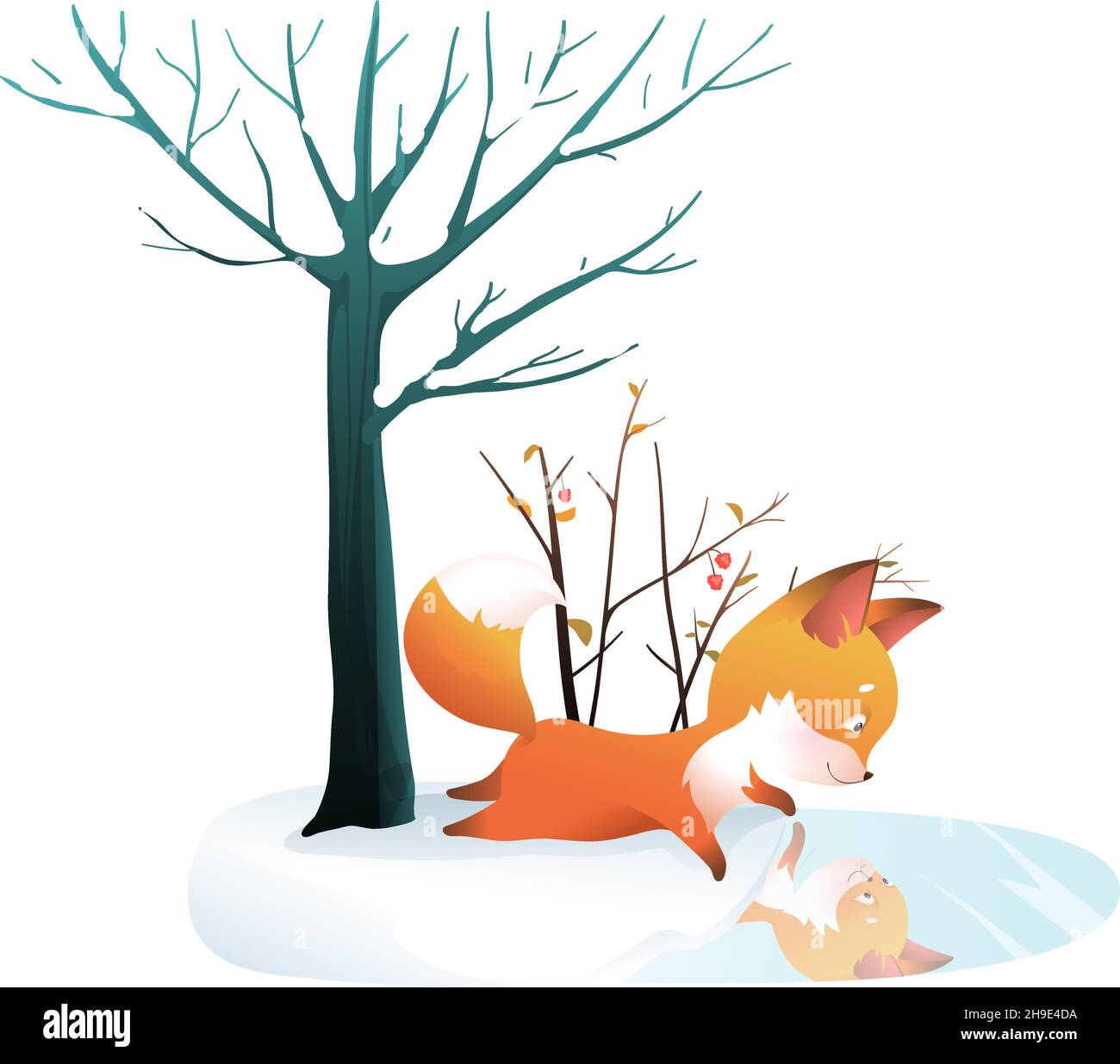 Baby Fox beim Nachdenken im Winter Frozen Lake Stock Vektor
