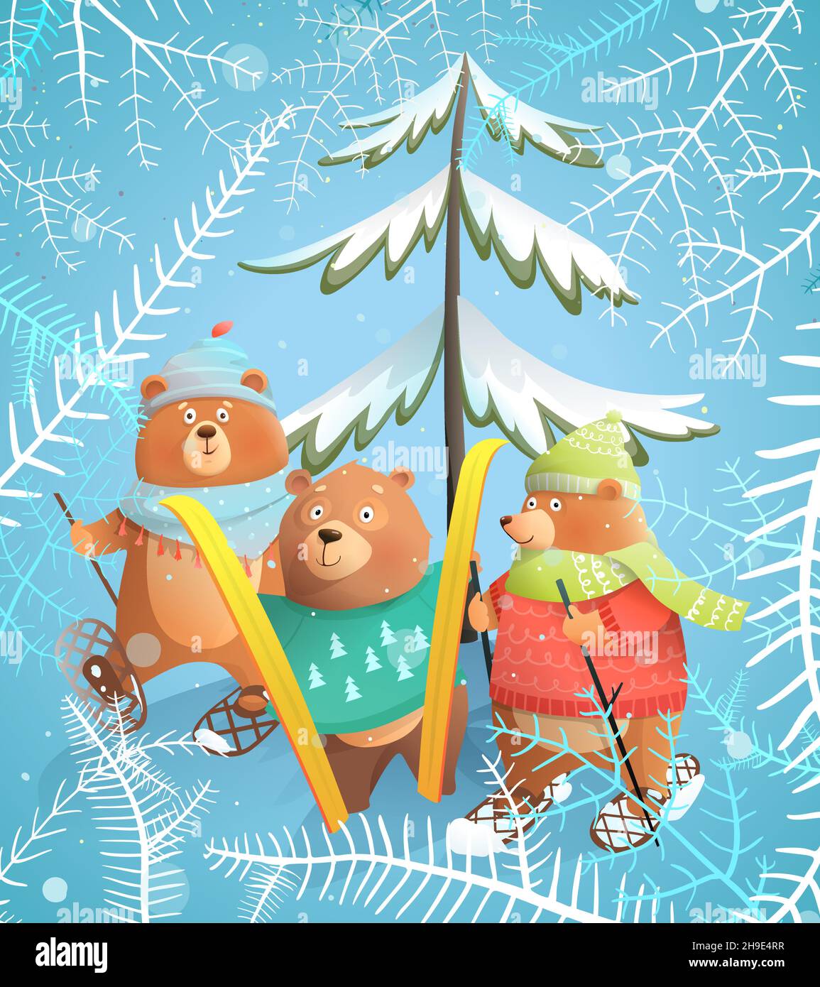 Bären Skifahren im Winter Weihnachtsurlaub Postkarte Stock Vektor