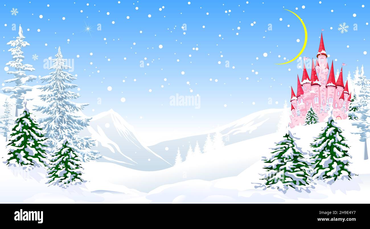 Cartoon rosa Burg auf dem Hintergrund des Winterwaldes und der Berge. Winterlandschaft mit einem rosa Schloss, schneebedeckten Bäumen und Schneeflocken. Stock Vektor