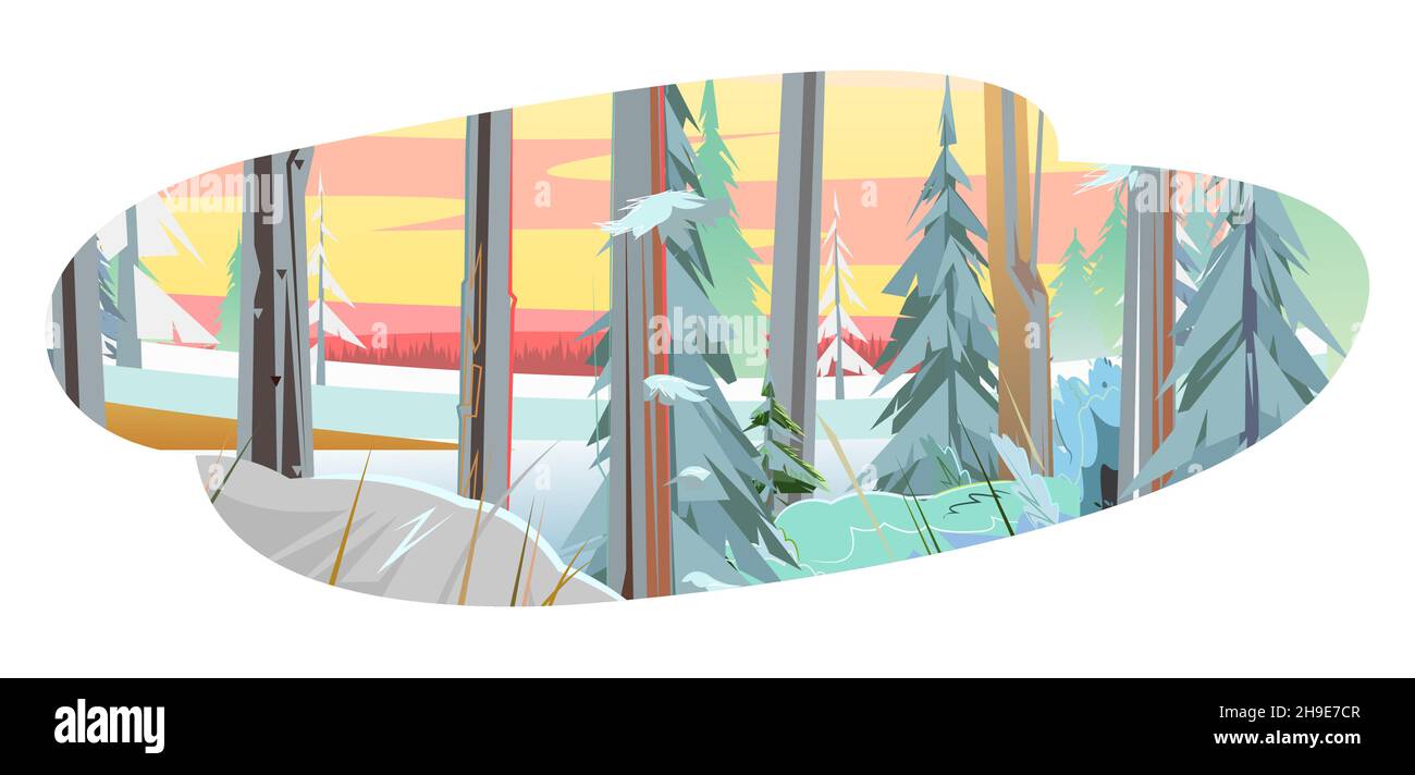 Isolierte Winterlandschaft. Nadelbäume im Schnee. Schöner Abend- oder Morgenhimmel. Weiter Horizont. Illustration im Cartoon-Stil flache Design Stock Vektor