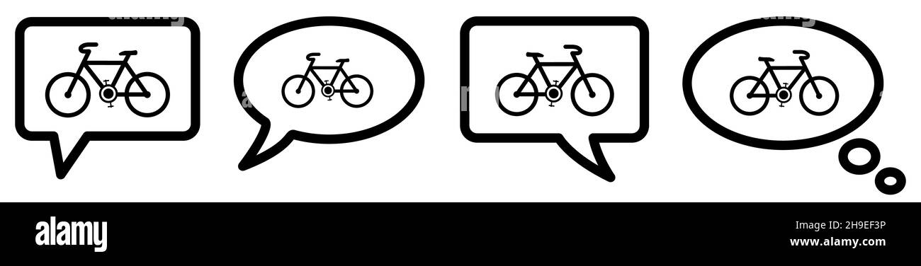 Fahrrad-Symbol in Sprechblase, verschiedene Version. Fragen Sie, sprechen Sie oder denken Sie über das Fahrradkonzept nach Stock Vektor