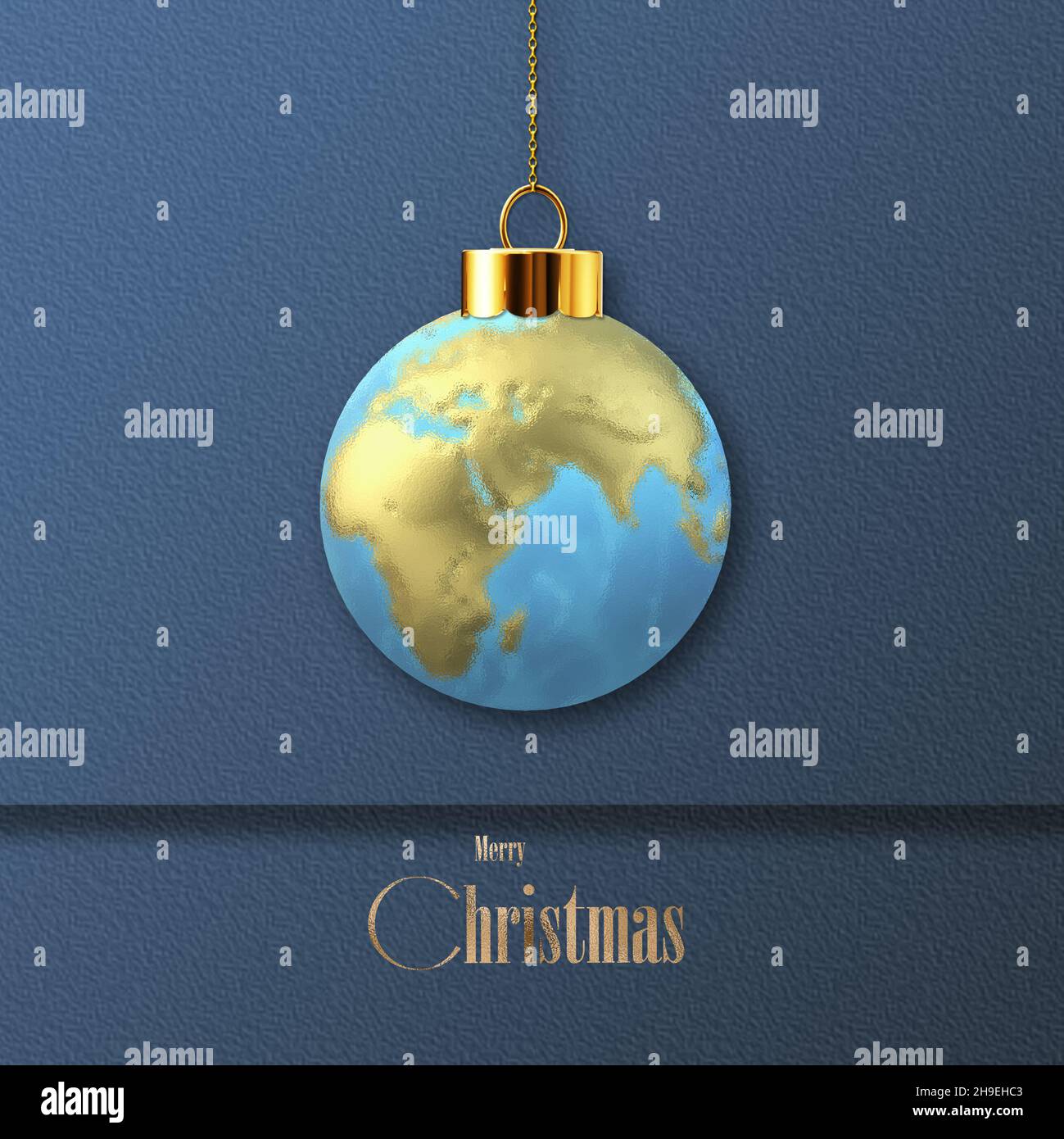 Internationale Weihnachtsgrüße. Hängende 3D-Kugel-Kugel mit Symbol der Globus-Planetenkarte auf dunkelblauem Hintergrund. Gold Text Frohe Weihnachten. Firmengruß Feiertagskarte. 3D Abbildung Stockfoto