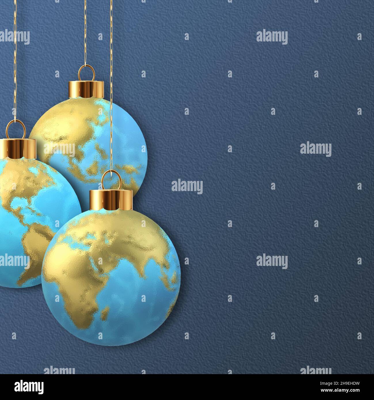 Frohe Weihnachten 2022 Internationale Neujahrsgrüße. Hängen 3D Weihnachtskugeln in Form einer Kugelkarte von Europa Asien Amerika auf dunkelblau. Neujahrskarte für Internationale Weihnachten. 3D Rendern Stockfoto