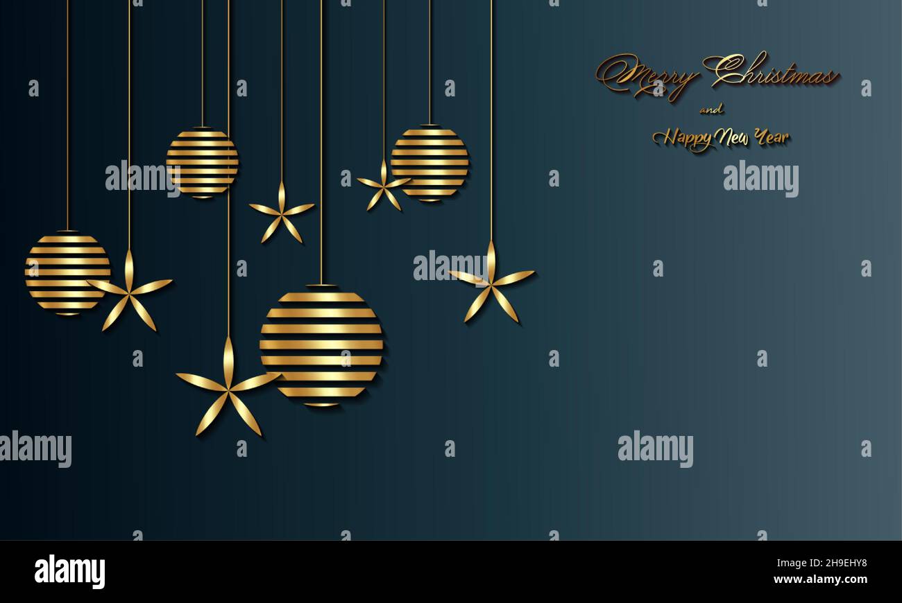 Weihnachts-Luxus-Weihnachtsbanner mit handgeschriebenen goldenen Frohe Weihnachten und Frohe Neujahrsgrüße und goldfarbenen Weihnachtskugeln. Vektor Stock Vektor