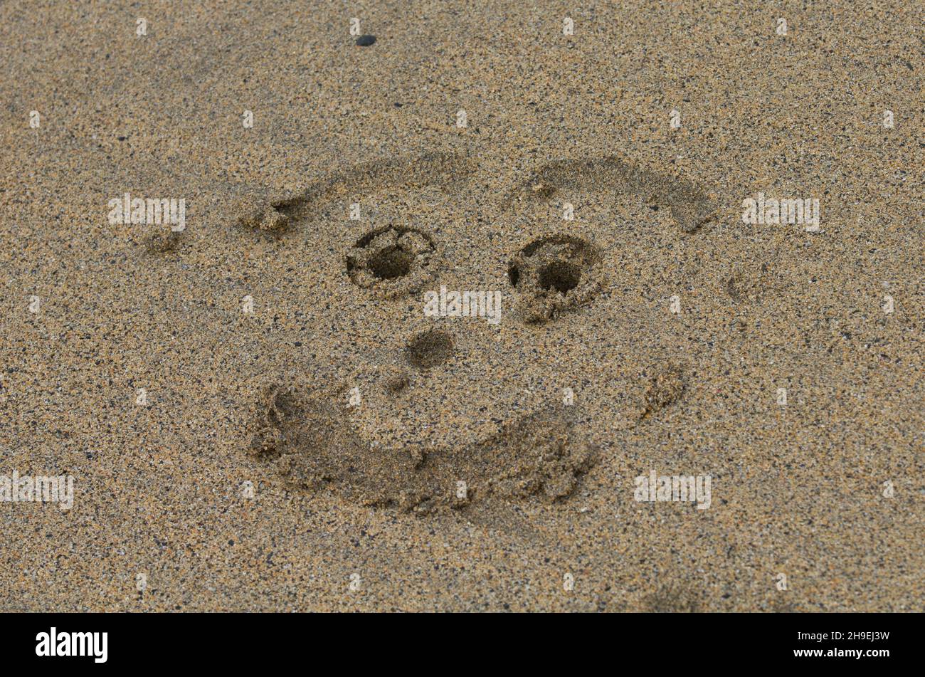 Smiley-Gesicht in Strandsand gezeichnet Stockfoto