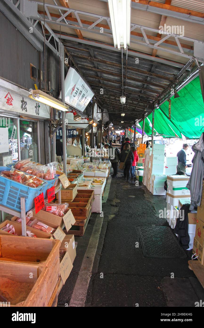 Namiyoke-dori Straße mit mehreren überdachten Geschäften, die Meeresfrüchte-Produkte im Tokioter Stadtteil Tsukiji verkaufen. Stockfoto