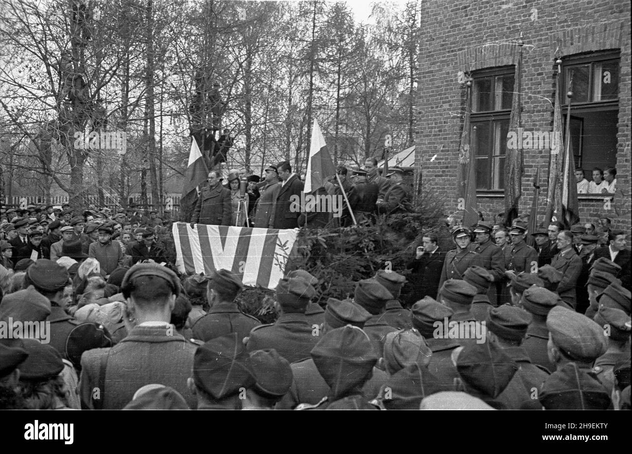 I³¿A, 1947-11-02. Uroczystoœæ nadania szpitalowi imienia Heleny Wolf (doktor Anki), lekarki i ¿o³nierza Armii Ludowej poleg³ej w walce z Niemcami. NZ. Przemawia przedstawiciel Armii Radzieckiej. Wœród goœci na trybunie honorowej m.in. Wiceminister zdrowia Jerzy Sztachelski (w pierwszym rzêdzie, P). ps/gr PAP Ilza, 2. November 1947. Die Zeremonie der Benennung eines örtlichen Krankenhauses nach Helena Wolf (Doktor Anka), der Ärztin und Soldaten der Volksarmee (AL), die während des Kampfes gegen die Nazis gefallen war. Im Bild: Rede eines Vertreters der sowjetischen Armee. Stellvertretender Gesundheitsminister Jerzy Sztachelski (i Stockfoto