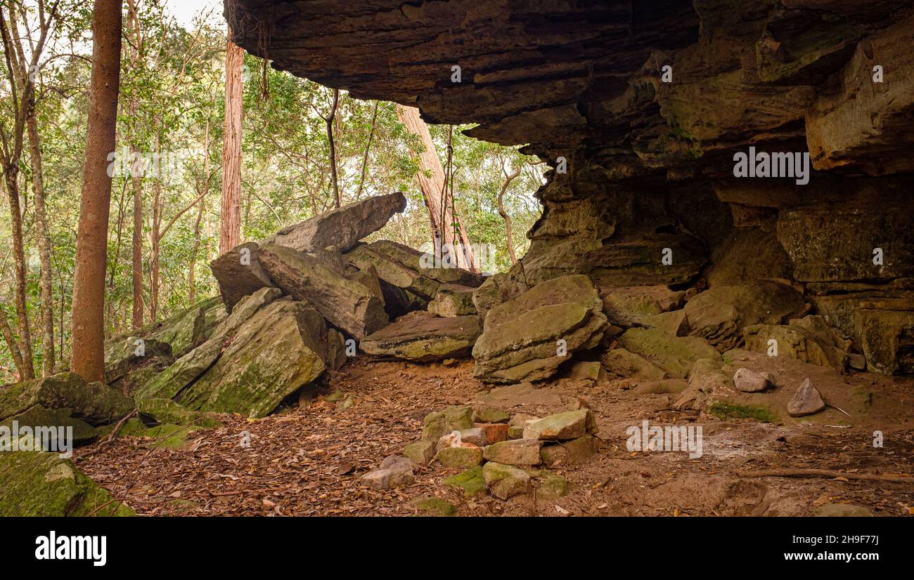 Überhängender Sandsteinfelsen-Schutz auf dem Bomaderry Creek Gorge Wanderweg, Bomadarry, Nowra, NSW Australien Stockfoto