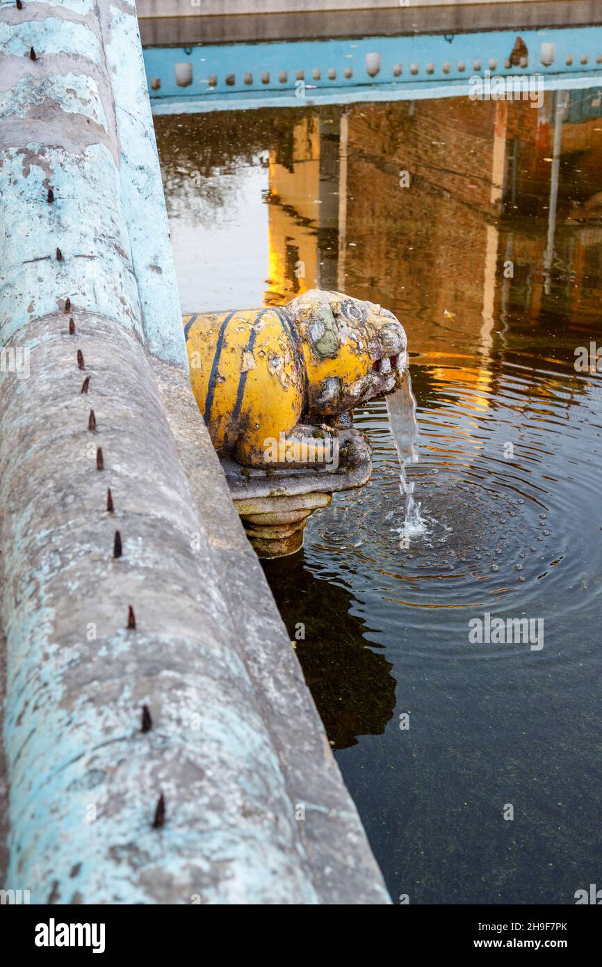 Tiger-Kopf-Wasserzulauf, der den Tank in Pragpur, einem historischen Dorf im Kagra-Bezirk, Himachal Pradesh, Indien, versorgt Stockfoto
