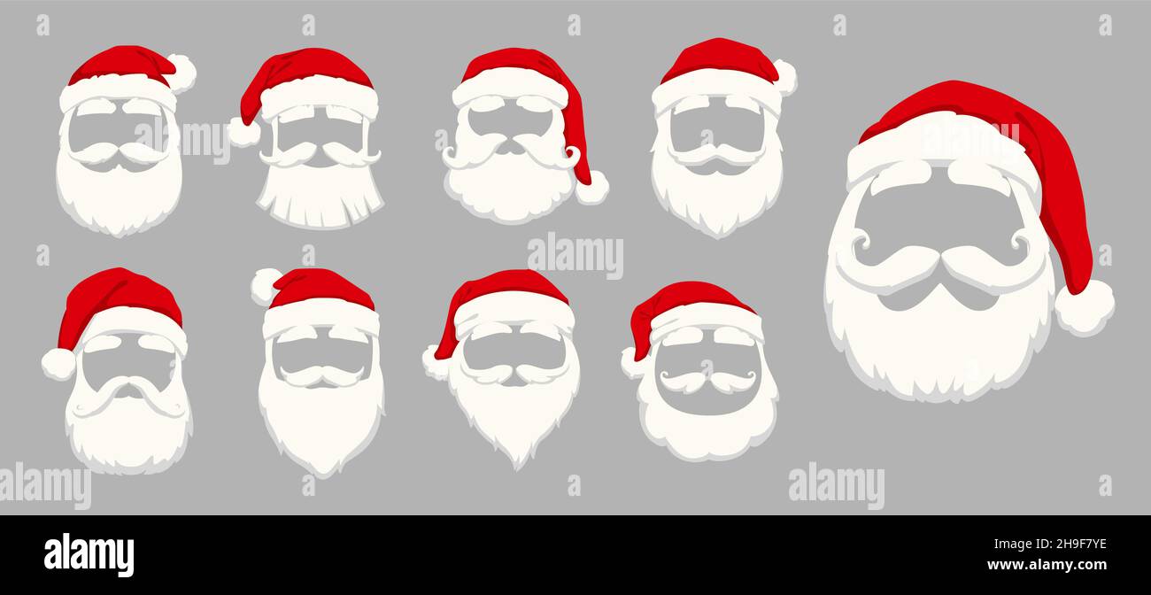 Weihnachtsmann Masken von Cartoon-Hut, Schnurrbart und Bart für Fotokabine, Vektor-Gesichter. Weihnachten Urlaub isoliert Gesichtsmasken von Santa für lustige Selfie ef Stock Vektor
