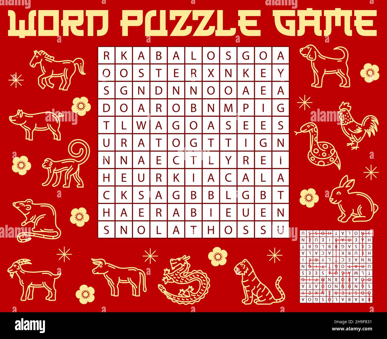 Chinesisches Horoskop Tiere, Wortsuche Puzzle Spiel Vektor Arbeitsblatt, Kinder Quiz. Finden Sie ein Wort Quiz Spiel oder Rätsel für chinesische Mondhoroskop Symbole oder Stock Vektor