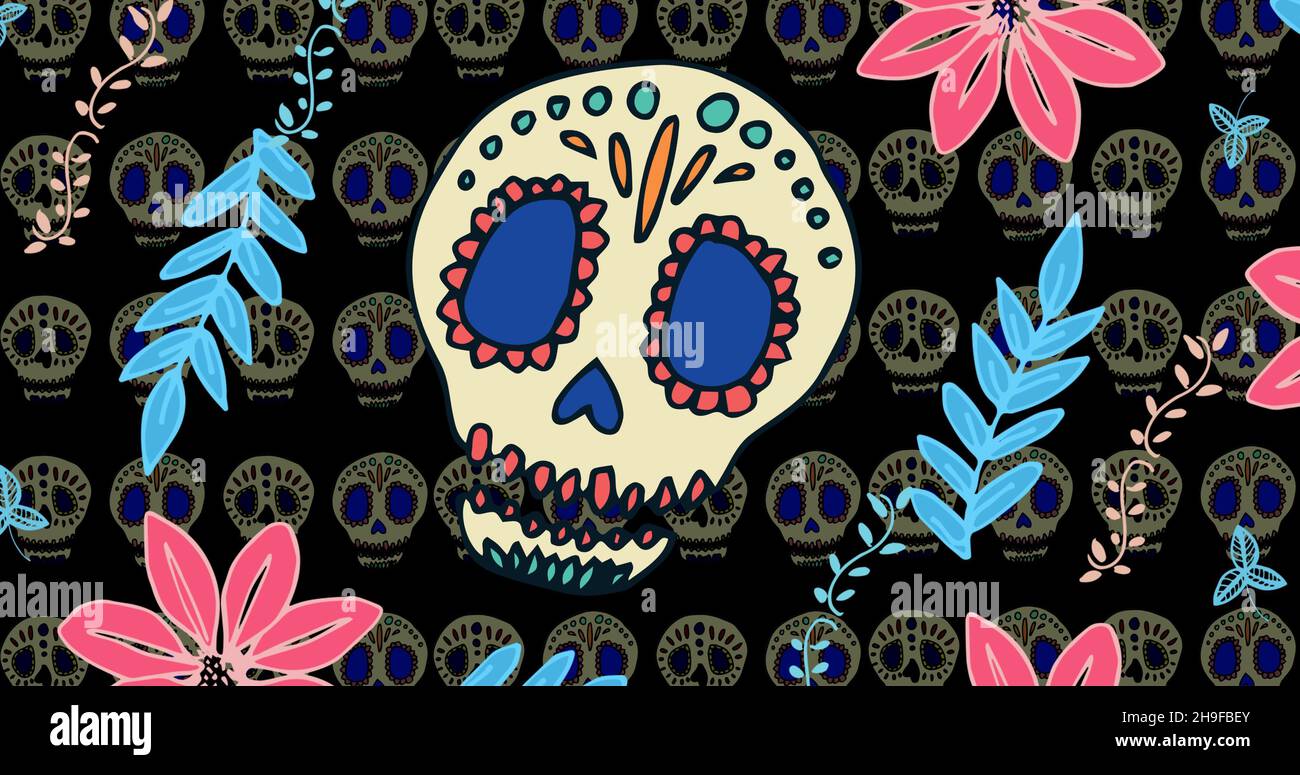 Vektorbild von gemustertem Schädel mit Blättern über gruseligen Hintergrund Stockfoto