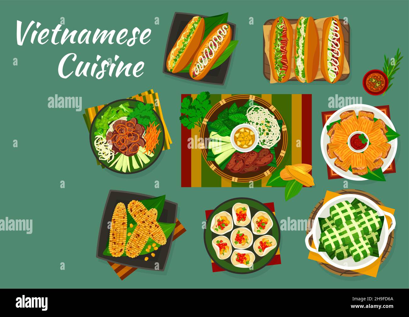 Vietnamesische Gerichte der asiatischen Küche mit Vector-Sandwiches mit Gemüse, Fleisch und Meeresfrüchten. Reis-Schweinekuchen, Rind-Nudelsalat, gegrillte Fleischbällchen und c Stock Vektor