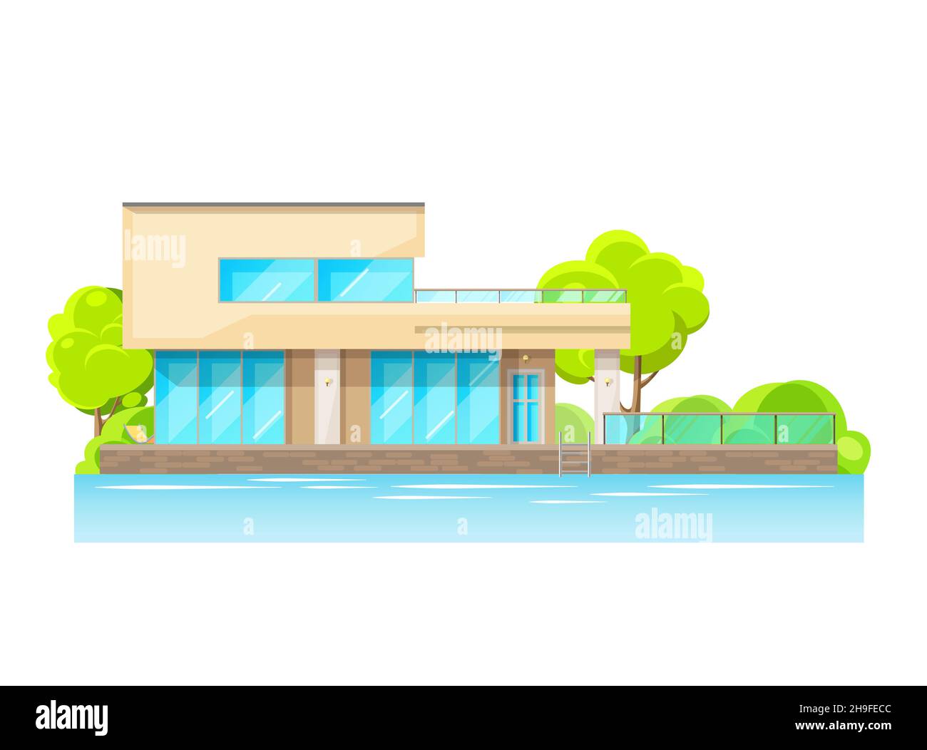 Luxuriöses, modernes Haus mit Terrasse und Pool. Moderne Design-Villa oder flache Vektorvilla, Resort-Hotelgebäude am Flussufer Stock Vektor