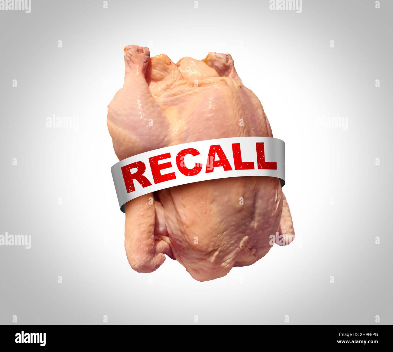 Chicken Recall Konzept als Symbol für kontaminiertes Geflügel mit Salmonellen oder Listerien lebensmittelbedingten Erkrankungen Ausbruch einer möglichen Lebensmittelvergiftung. Stockfoto