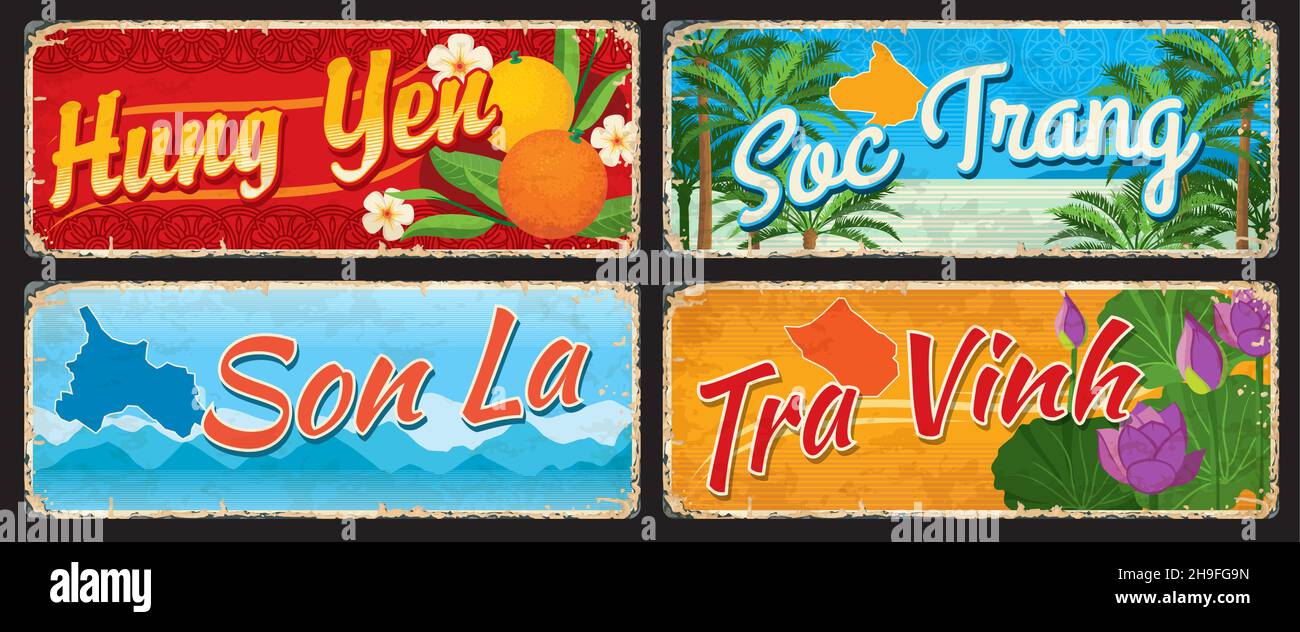 Hung Yen, SoC Trang, Tra Vinh und Son La vietnamesische Regionen vektoren Vintage-Karten und Reise-Aufkleber. Vietnam Provinzen Zinn-Schilder oder Gepäckanhänger und Stock Vektor