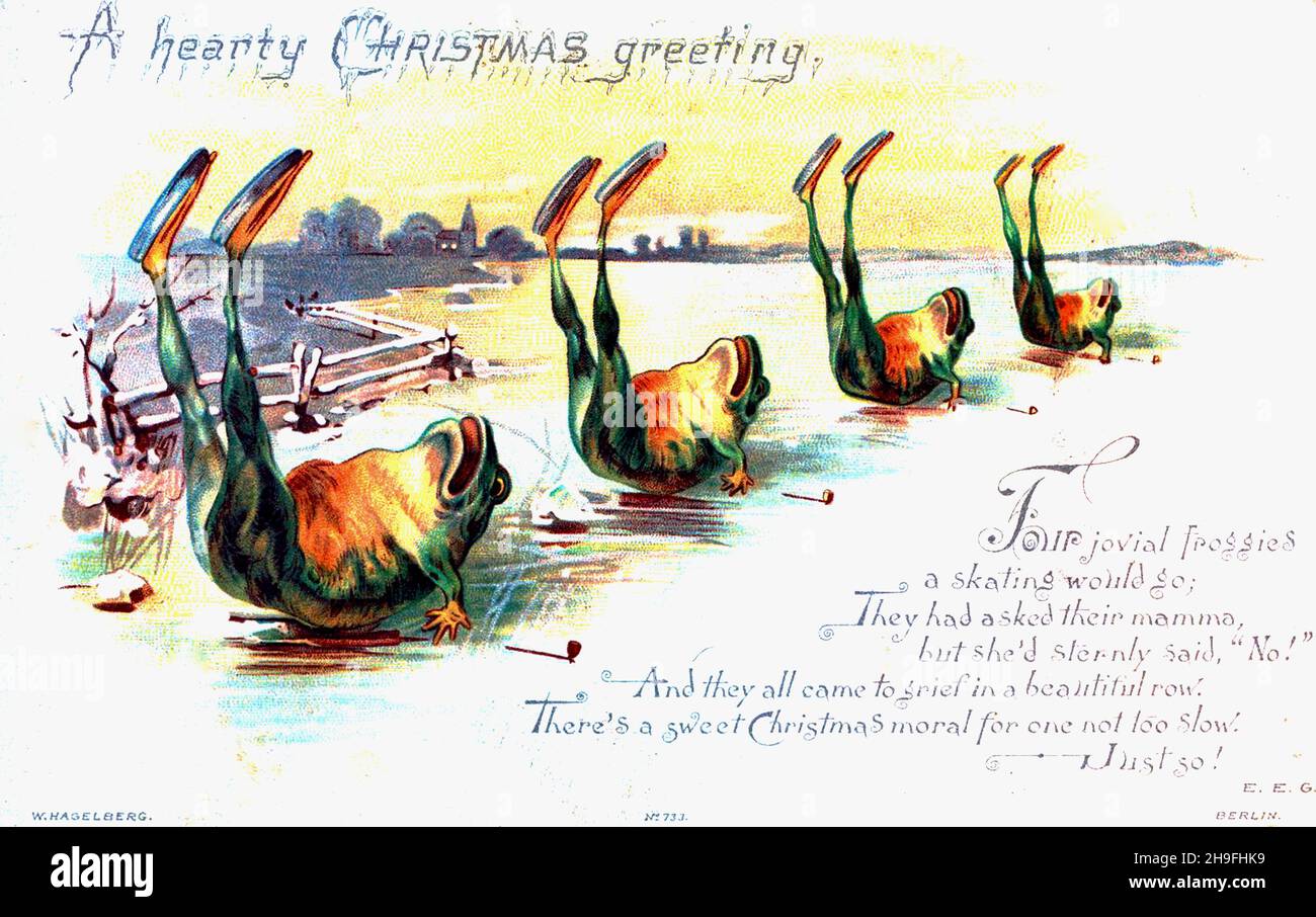 Viktorianische Weihnachten - Skurrile Froggie-Weihnachtsgrüße Stockfoto
