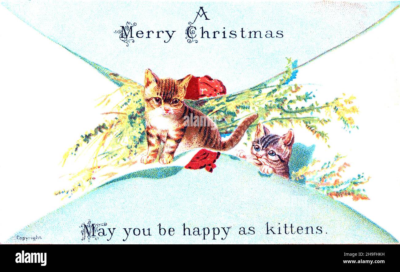 Viktorianische Weihnachten - Frohe Weihnachten - Möge du als Kätzchen glücklich sein Stockfoto