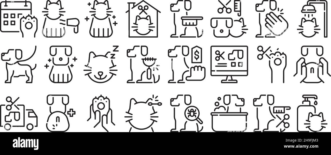 PET Grooming Icon Set line outline Thin Pack Collection Vector transparenter Hintergrund für mobile Apps und Web-Designs Stock Vektor