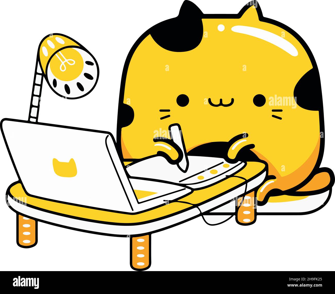 Gelbe Katze arbeitet auf Laptop flache Vektor-Illustration transparenter Hintergrund für mobile Apps und Web-Designs Stock Vektor