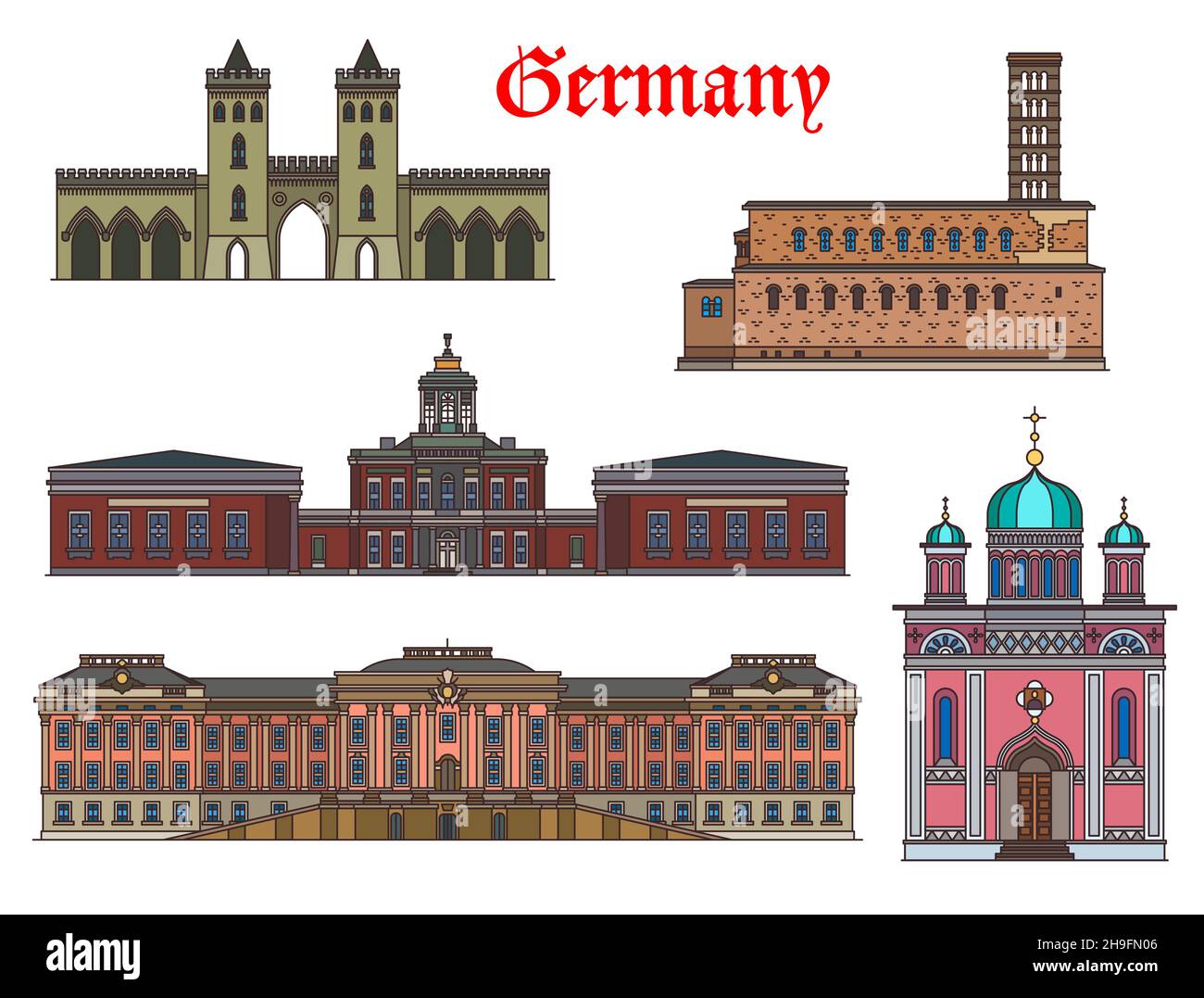 Deutschland Potsdam Wahrzeichen, Architektur Gebäude und Reise Sightseeing, Vektor. Friedenskirche, Alexander Newski Gedächtniskirche, Potsdam City Pal Stock Vektor