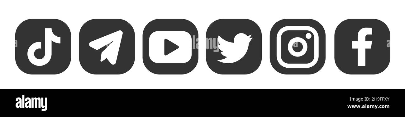 Runde Social-Media-Logos: Facebook, TikTok, instagram, twitter, youtube, Telegramm, linkedin, snapchat, Periscope, Vimeo. Stockfoto